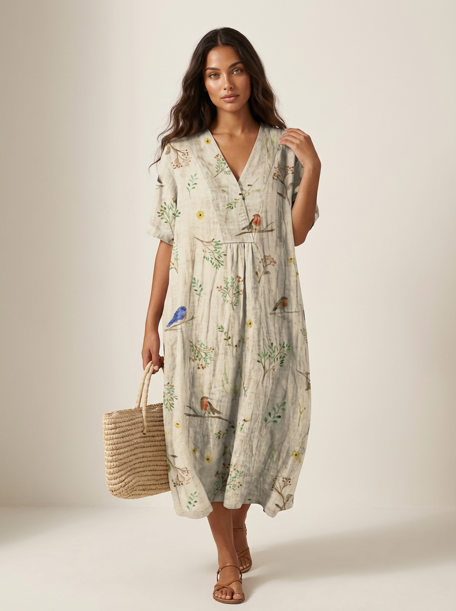 Midi jurk dames met bloemenprint en V-hals
