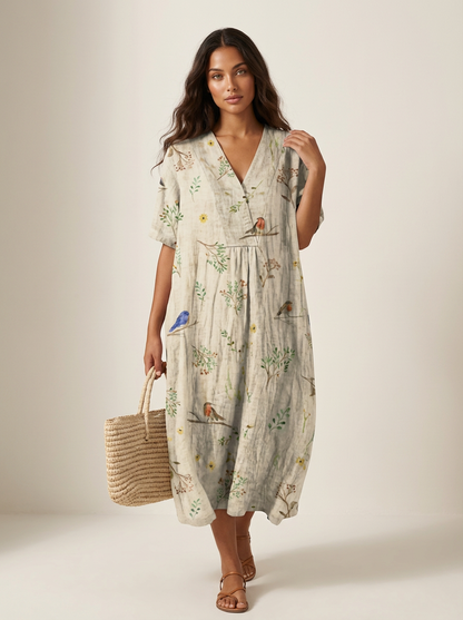 Midi jurk dames met bloemenprint en V-hals