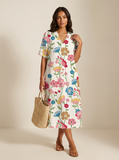 Midi jurk dames met bloemenprint en V-hals
