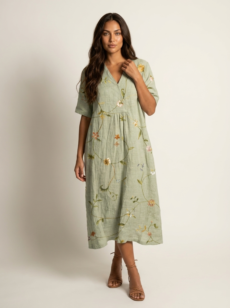 Midi jurk dames met bloemenprint en V-hals