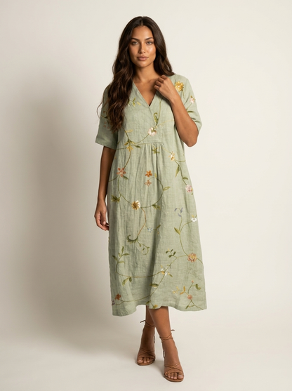 Midi jurk dames met bloemenprint en V-hals
