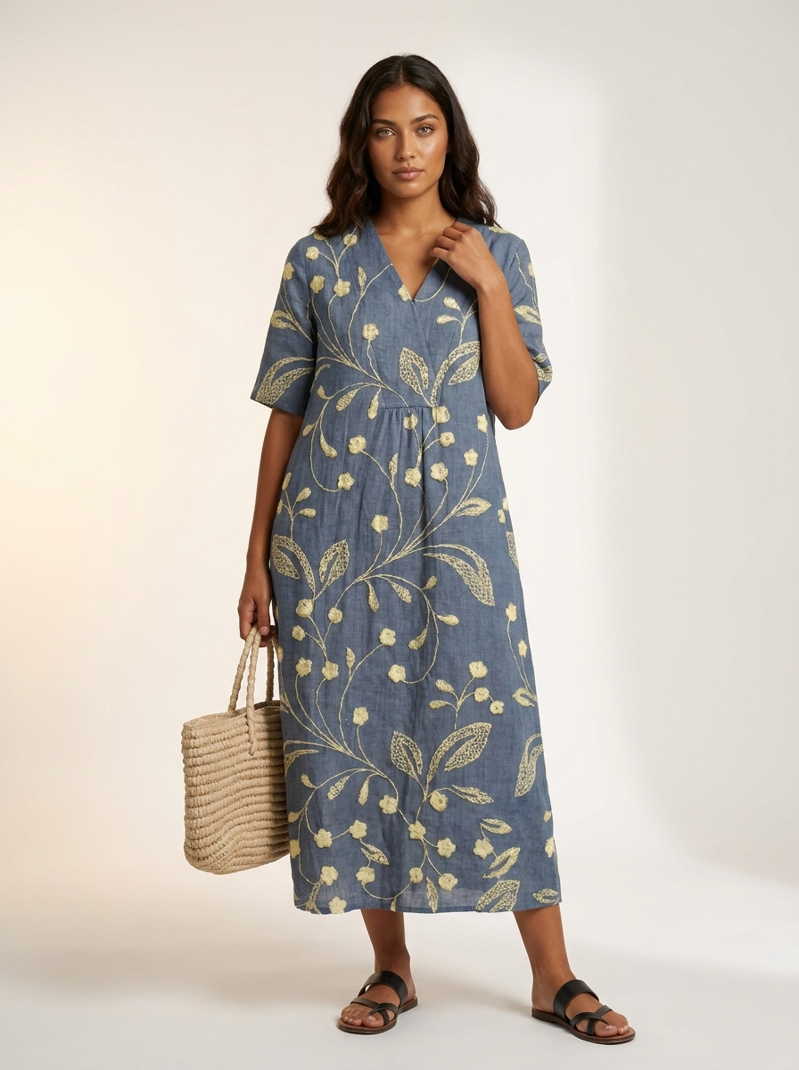 Midi jurk dames met bloemenprint en V-hals