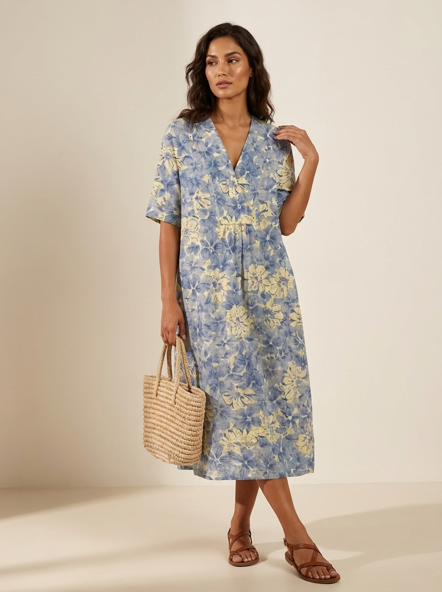 Midi jurk dames met bloemenprint en V-hals
