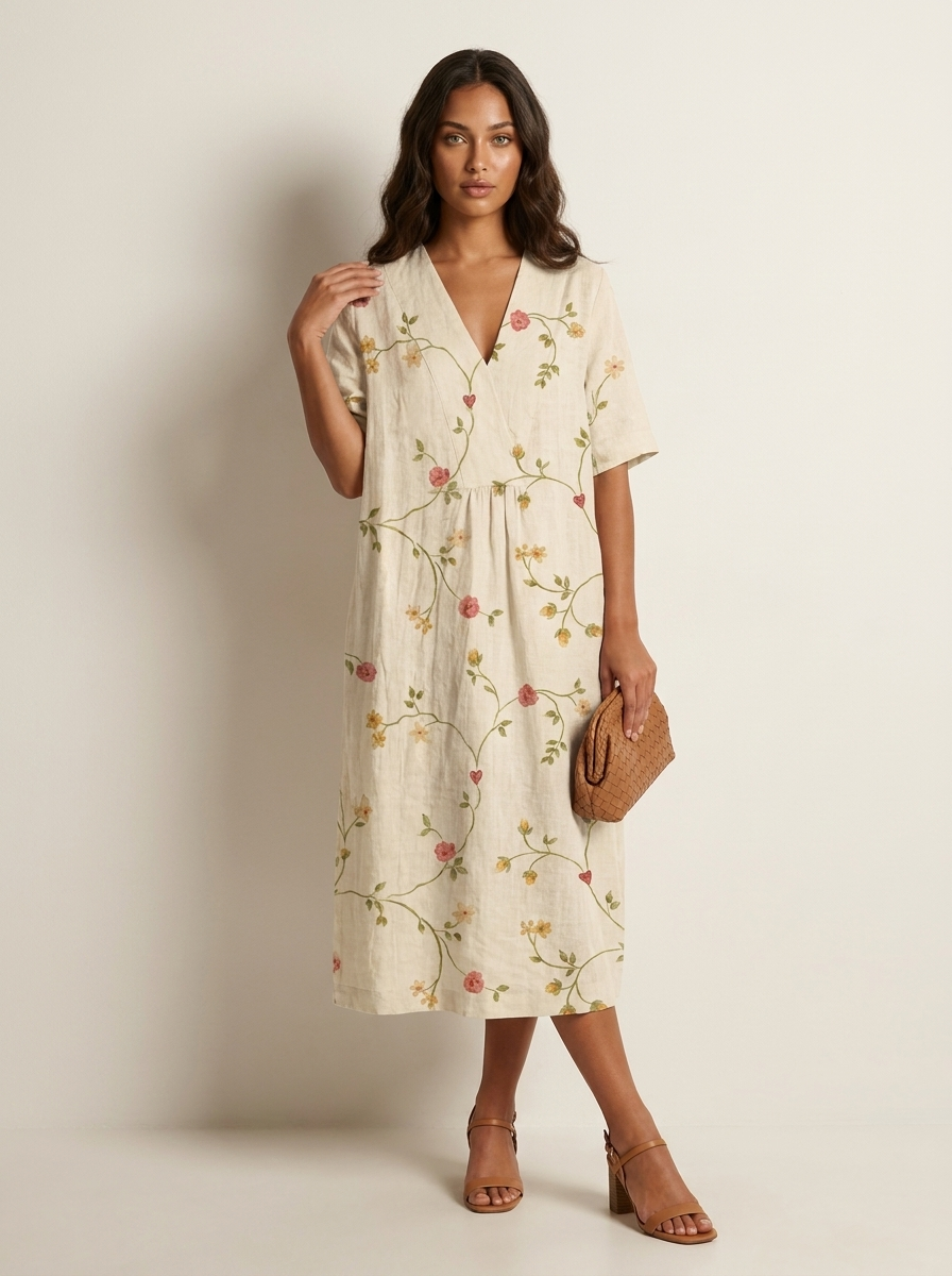 Midi jurk dames met bloemenprint en V-hals