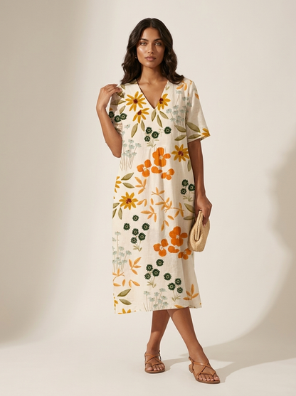 Midi jurk dames met bloemenprint en V-hals