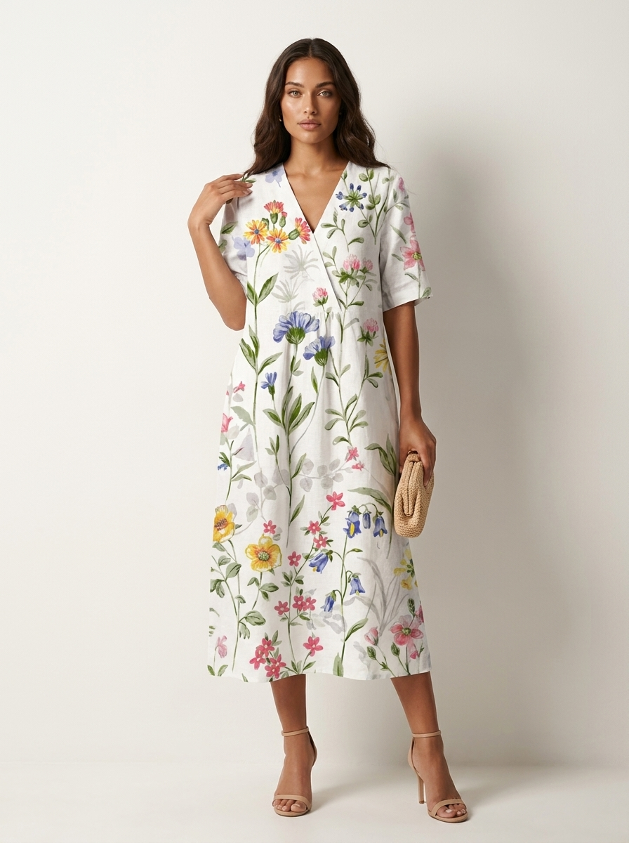 Midi jurk dames met bloemenprint en V-hals