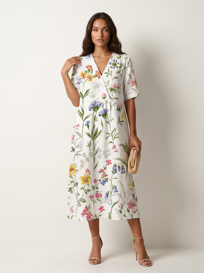 Midi jurk dames met bloemenprint en V-hals