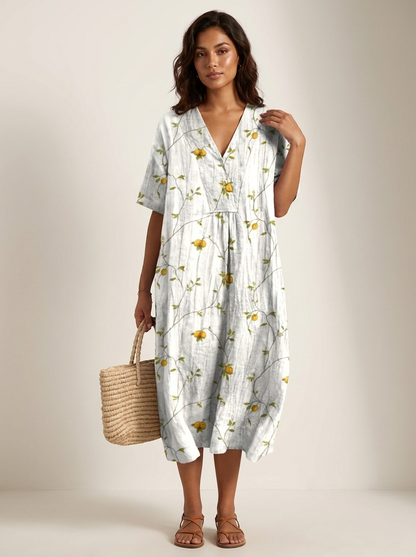 Midi jurk dames met bloemenprint en V-hals