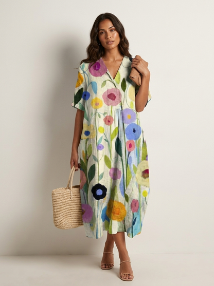 Midi jurk dames met bloemenprint en V-hals