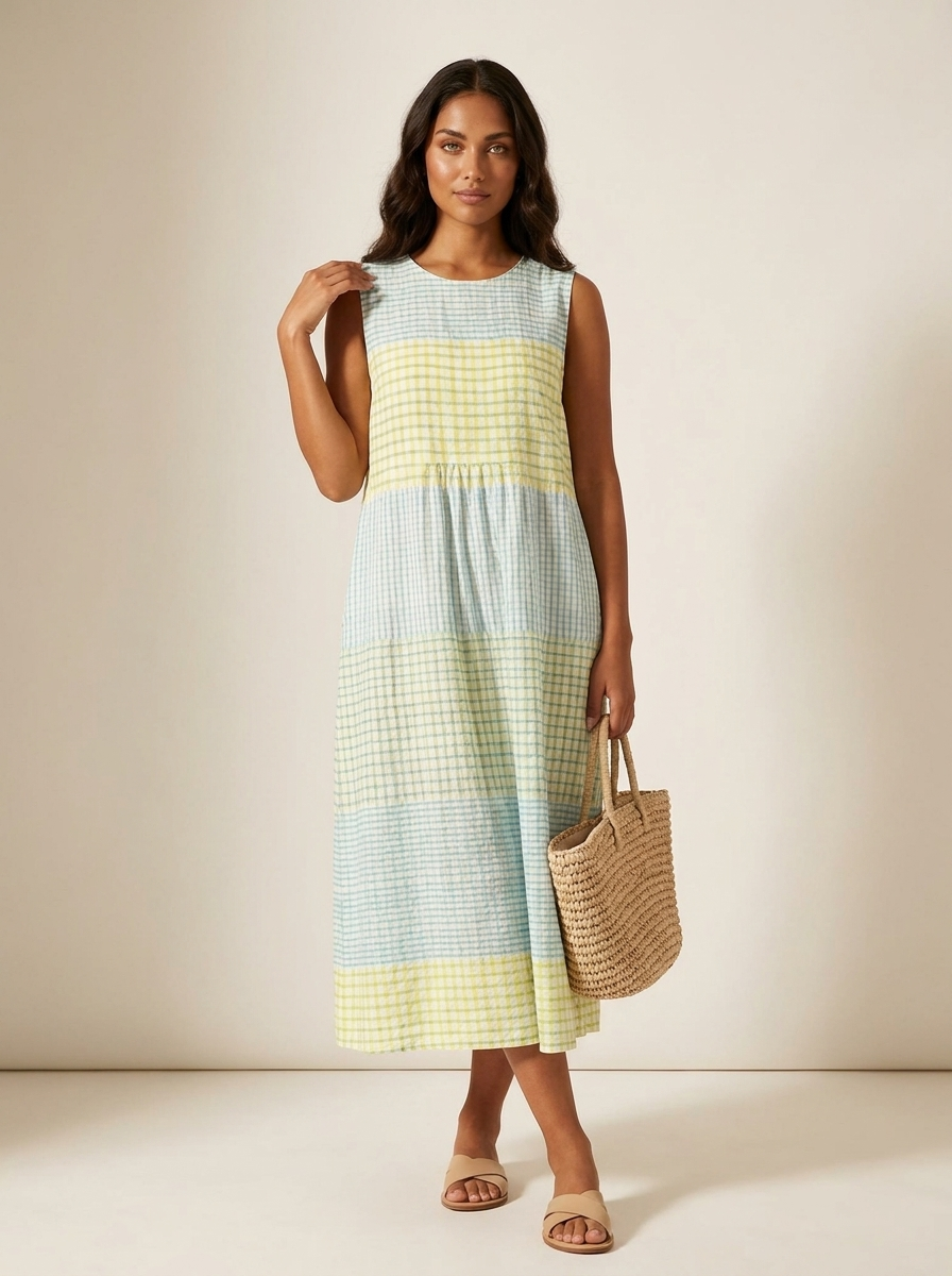 Midi jurk dames mouwloos in mint/geel