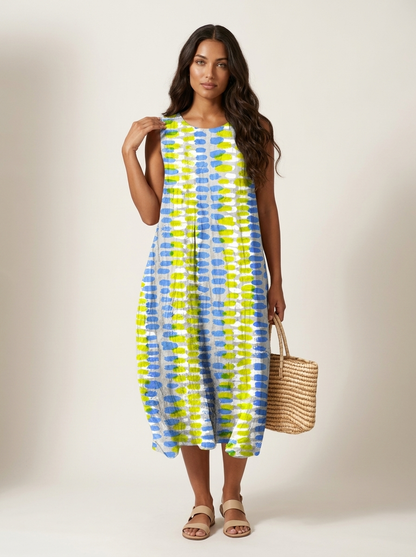 Midi jurk dames mouwloos in wit/blauw