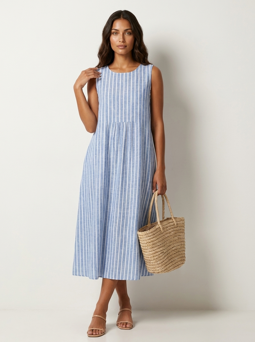 Midi jurk dames mouwloos in blauw gestreept