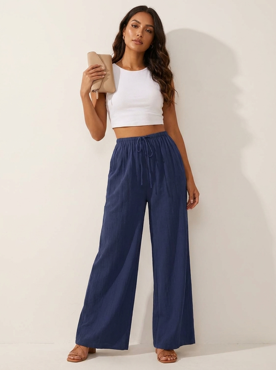 Wide leg broek dames met elastische taille en trekkoord