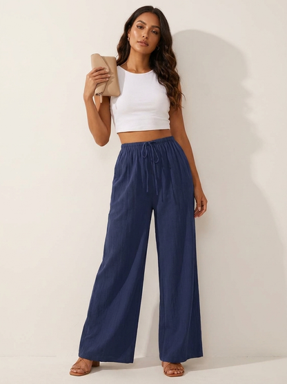 Wide leg broek dames met elastische taille en trekkoord