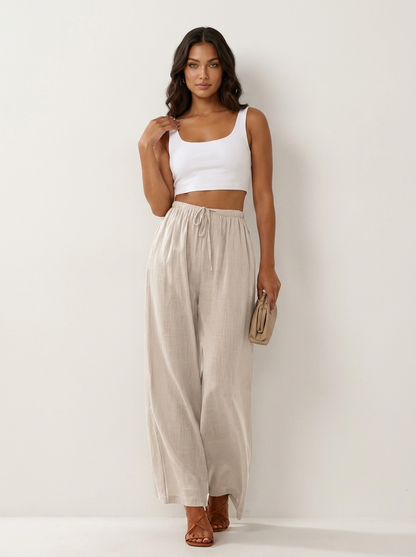 Wide leg broek dames met elastische taille en trekkoord
