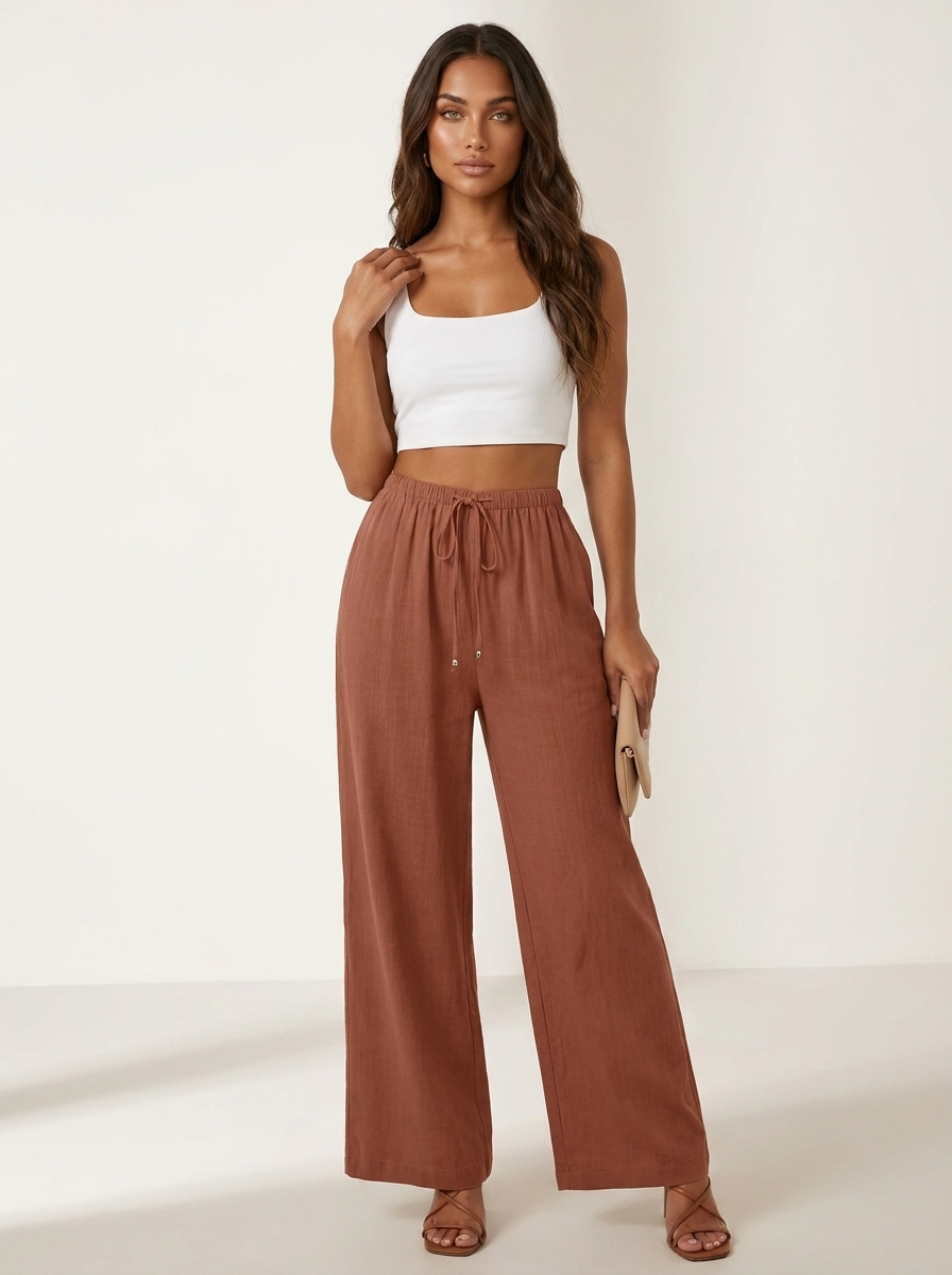 Wide leg broek dames met elastische taille en trekkoord
