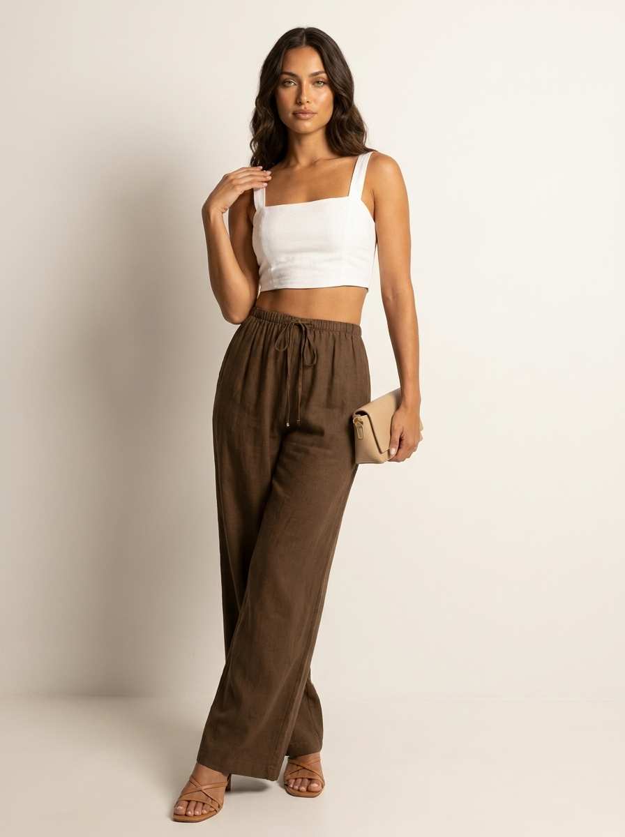 Wide leg broek dames met elastische taille en trekkoord