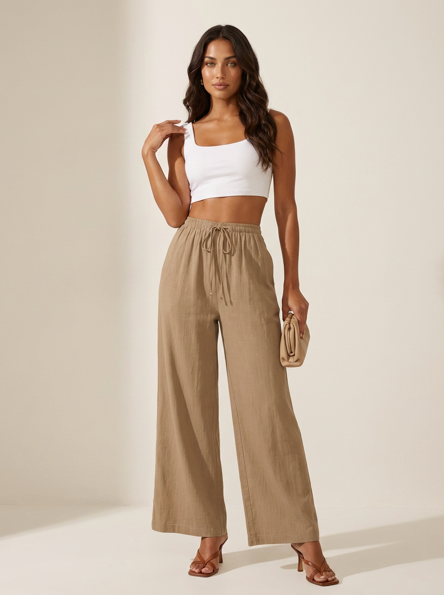 Wide leg broek dames met elastische taille en trekkoord