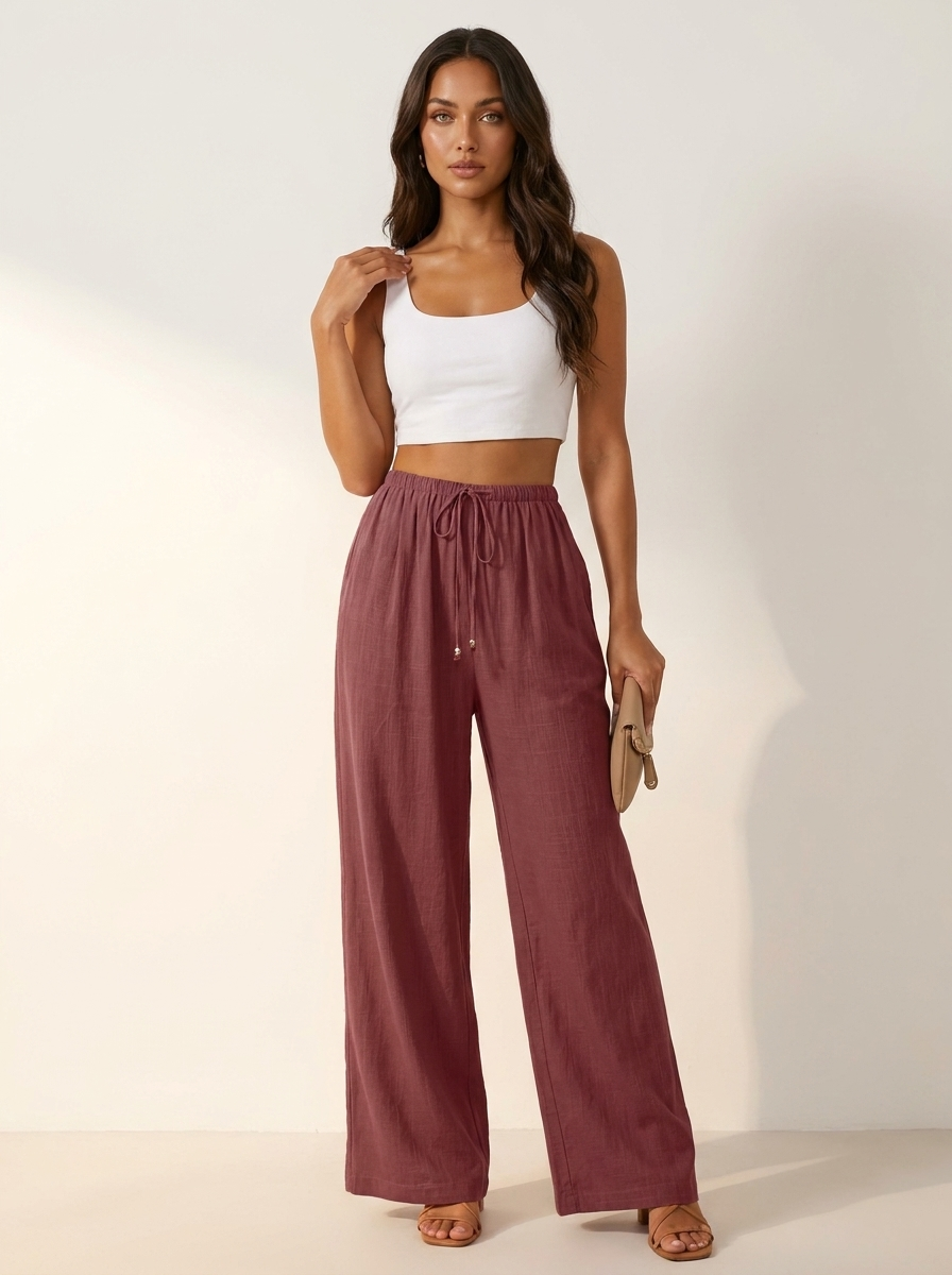 Wide leg broek dames met elastische taille en trekkoord