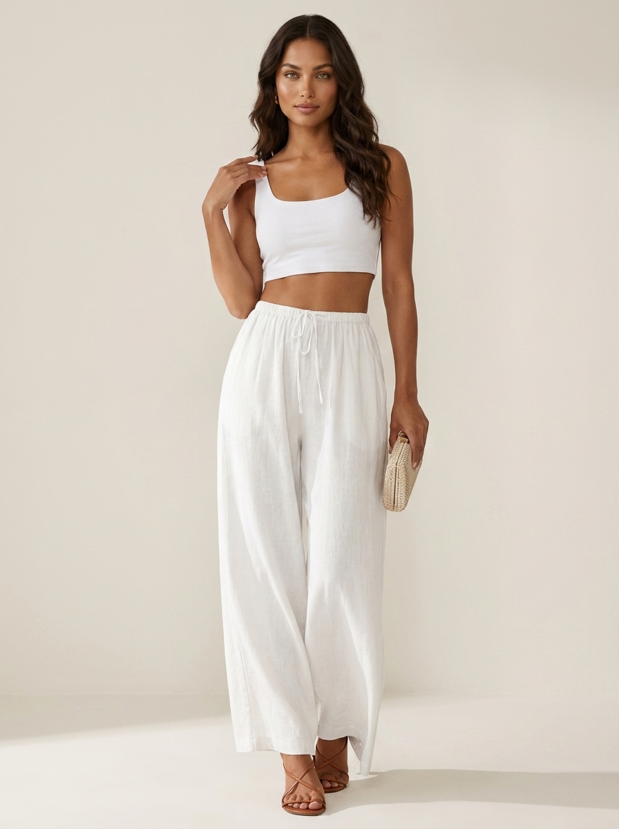 Wide leg broek dames met elastische taille en trekkoord