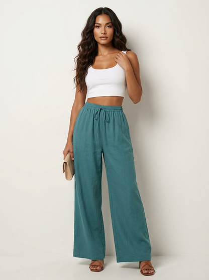 Wide leg broek dames met elastische taille en trekkoord