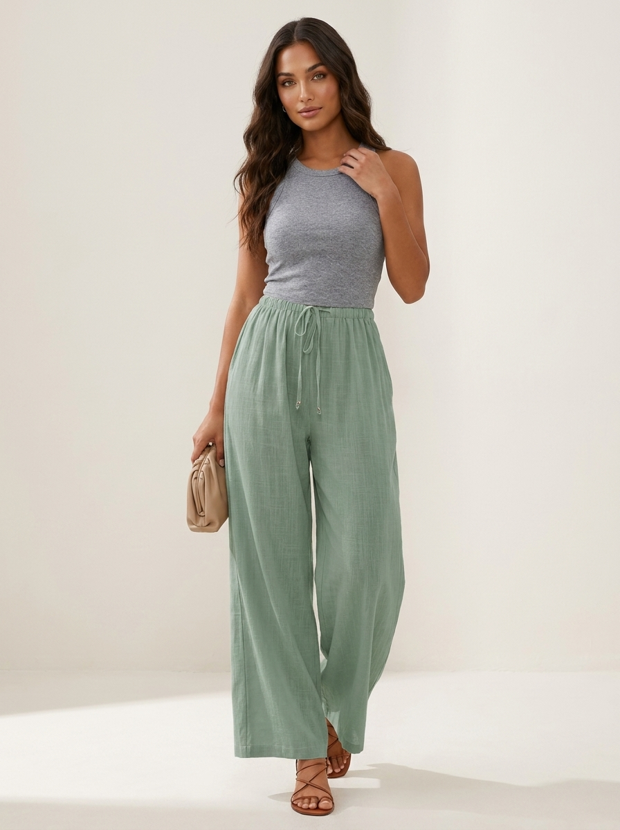 Wide leg broek dames met elastische taille en trekkoord