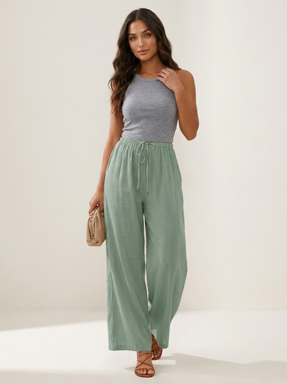 Wide leg broek dames met elastische taille en trekkoord