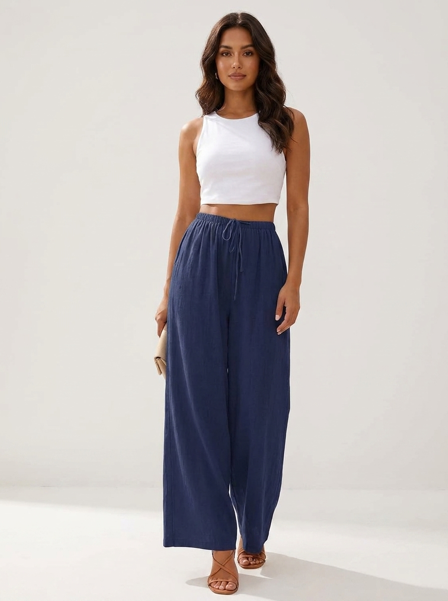 Wide leg broek dames met elastische taille en trekkoord