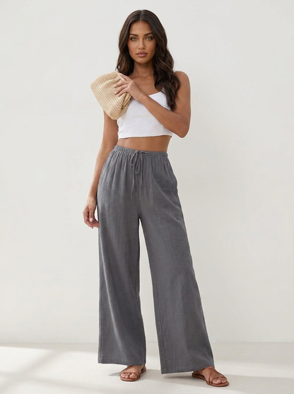 Wide leg broek dames met elastische taille en trekkoord