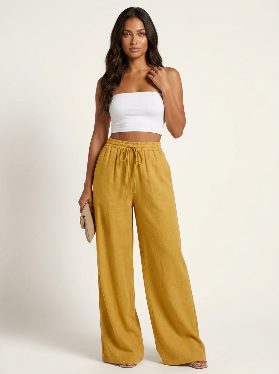 Wide leg broek dames met elastische taille en trekkoord