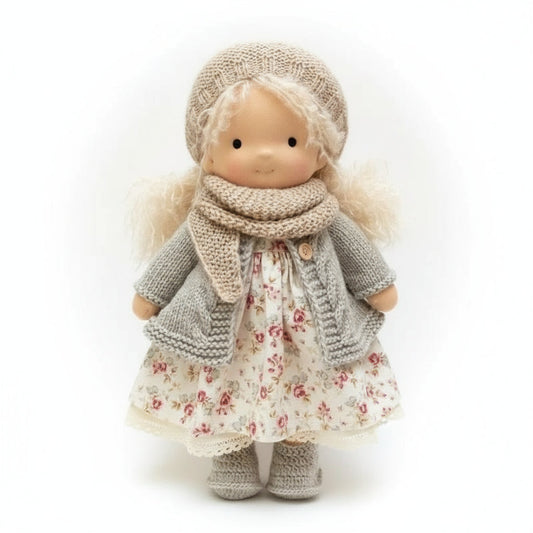 Elora Waldorf pop, stijl Grijs Vest met Roosjesjurk