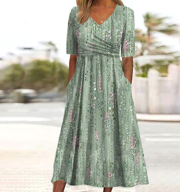 Gebloemde zomerjurk dames in groen - A-lijn silhouet met botanische bloemenprint