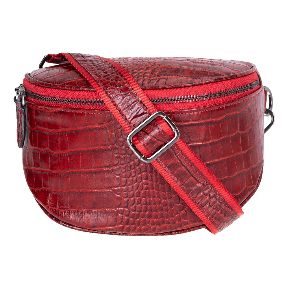 Donkere crossbody tas met krokodillenprint, achterzijde met D-ringen