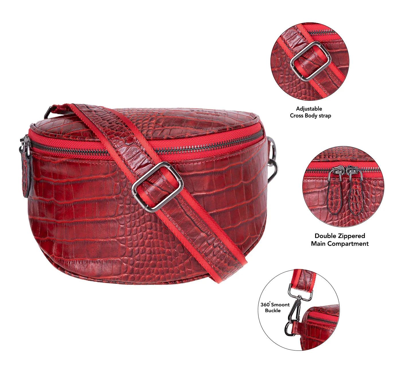 Donkere crossbody tas met krokodillenprint, achterzijde met D-ringen