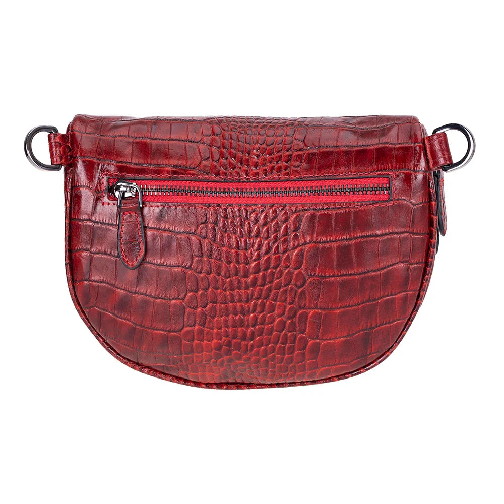 Donkere crossbody tas met krokodillenprint, achterzijde met D-ringen