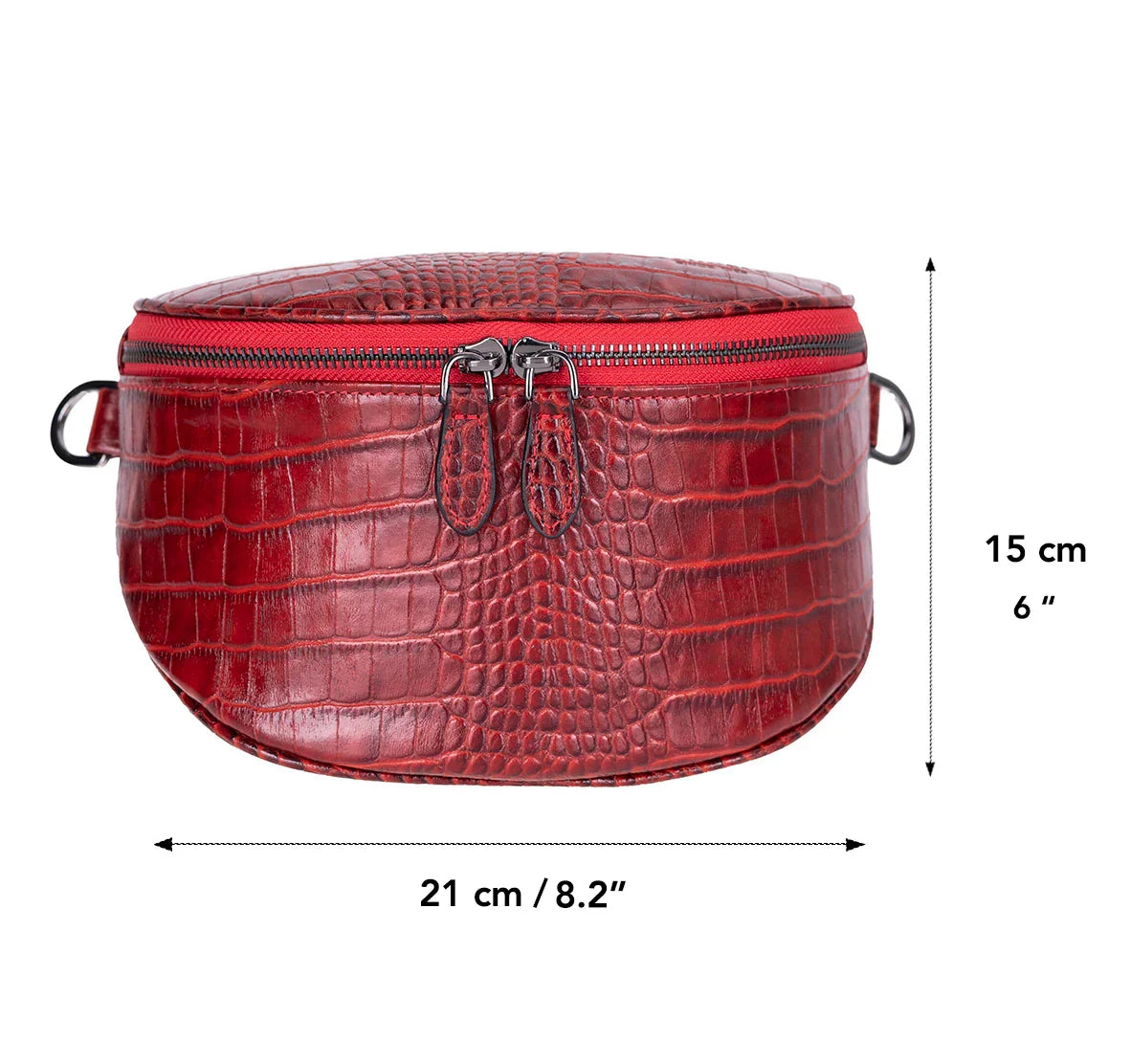 Donkere crossbody tas met krokodillenprint, achterzijde met D-ringen