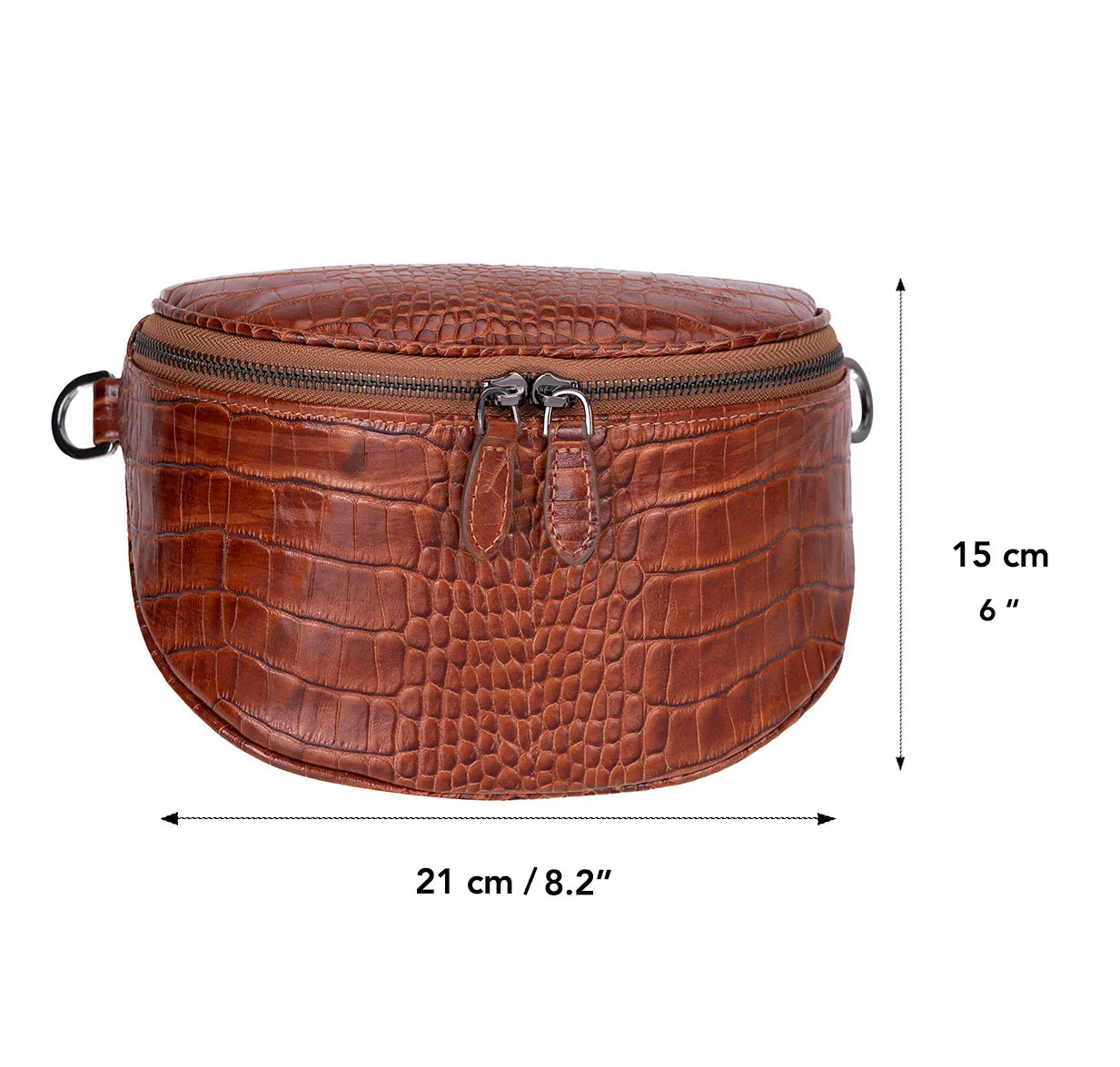Afmetingen leren crossbody tas met krokodillenprint: 21 bij 15 centimeter