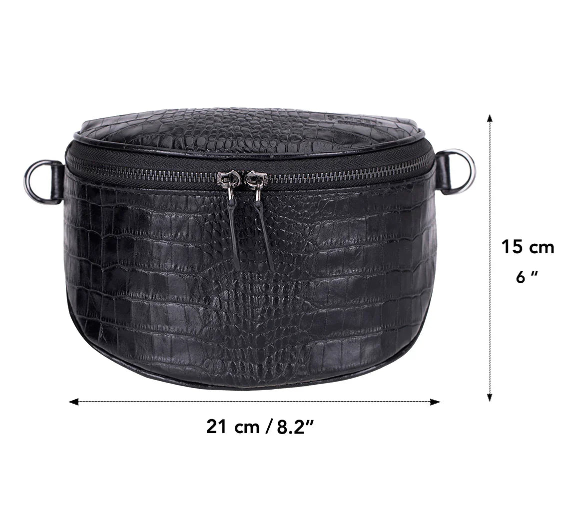 Donkere crossbody tas met krokodillenprint, achterzijde met D-ringen