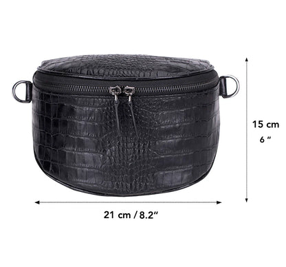 Donkere crossbody tas met krokodillenprint, achterzijde met D-ringen