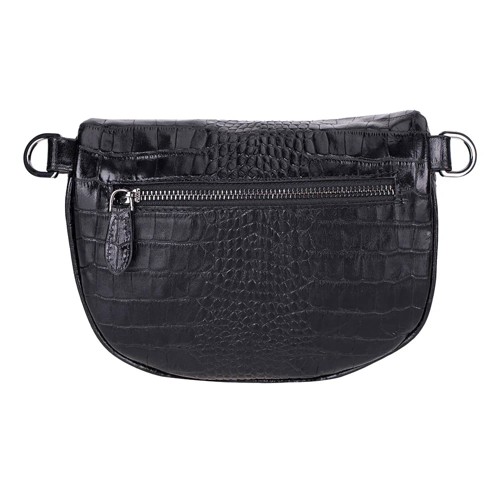 Donkere crossbody tas met krokodillenprint, achterzijde met D-ringen