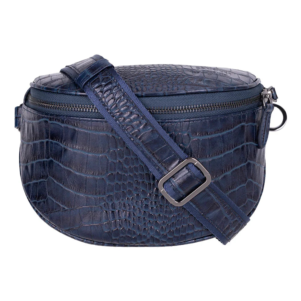 Donkere crossbody tas met krokodillenprint, achterzijde met D-ringen
