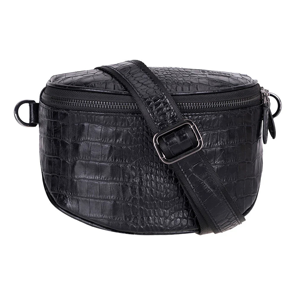 Donkere leren crossbody tas met krokodillenprint en musketonhaken
