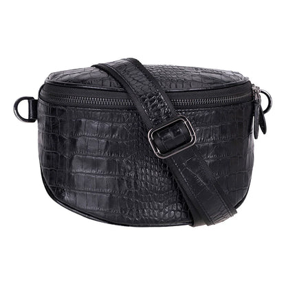 Donkere leren crossbody tas met krokodillenprint en musketonhaken