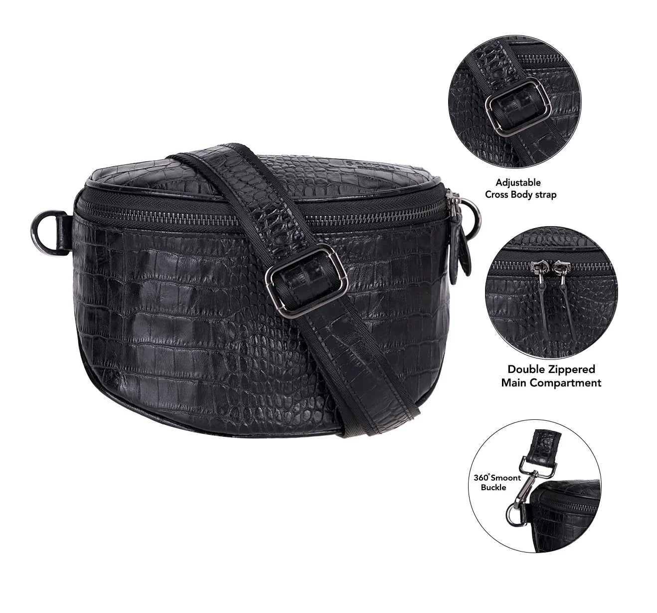 Donkere crossbody tas met krokodillenprint, achterzijde met D-ringen