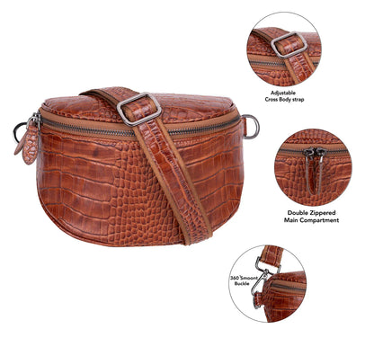 Bruine crossbody tas met krokodillenprint, dubbele ritssluiting in beeld