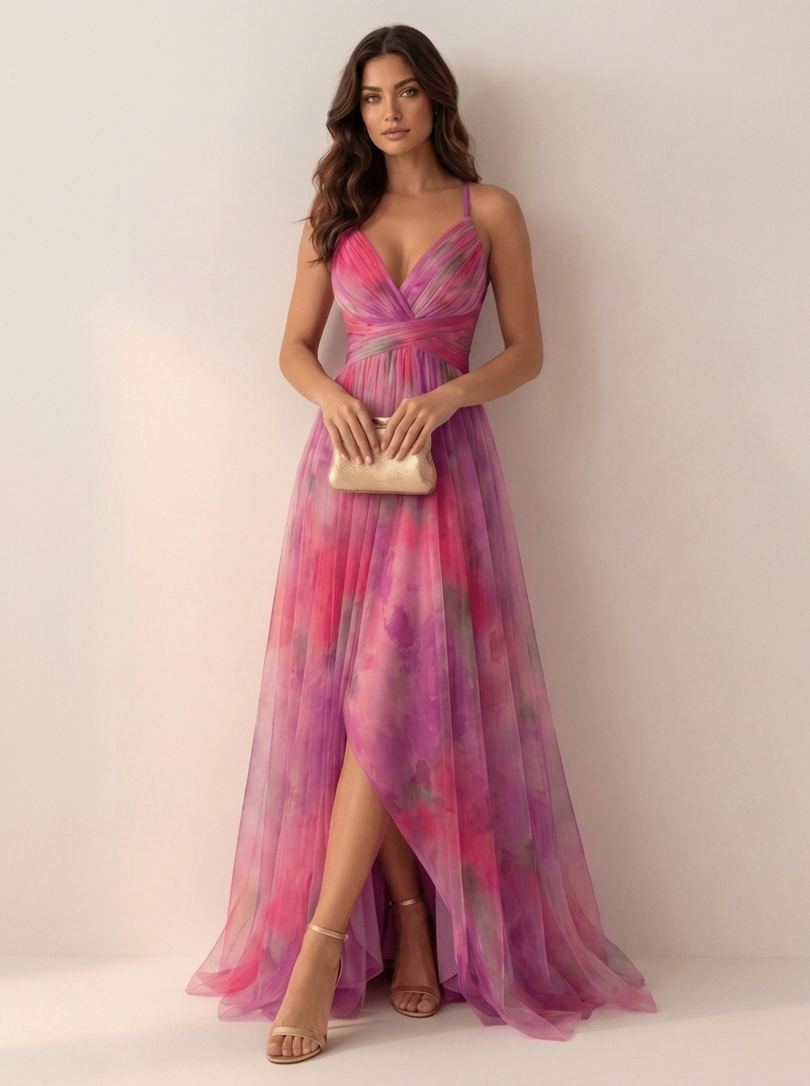 Maxi galajurk dames met aquarelprint en split