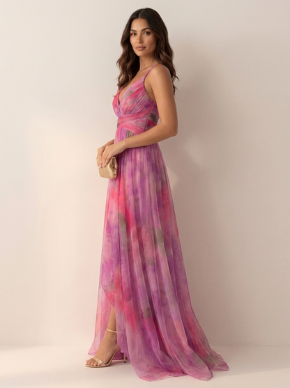 Maxi galajurk dames met aquarelprint en split