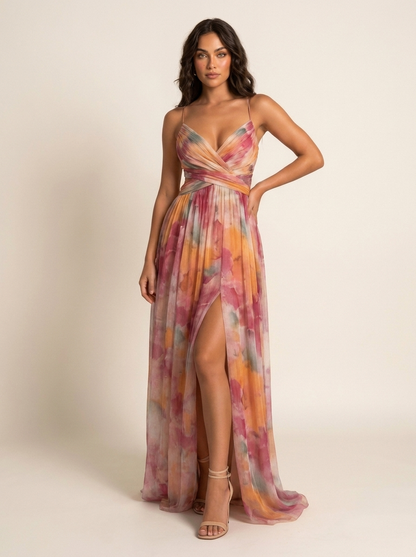 Maxi galajurk dames met aquarelprint en split