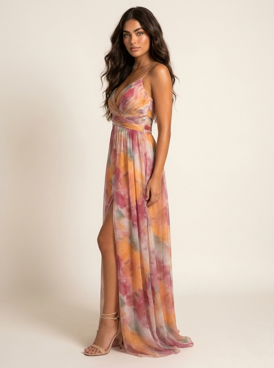 Maxi galajurk dames met aquarelprint en split