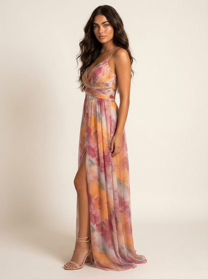 Maxi galajurk dames met aquarelprint en split